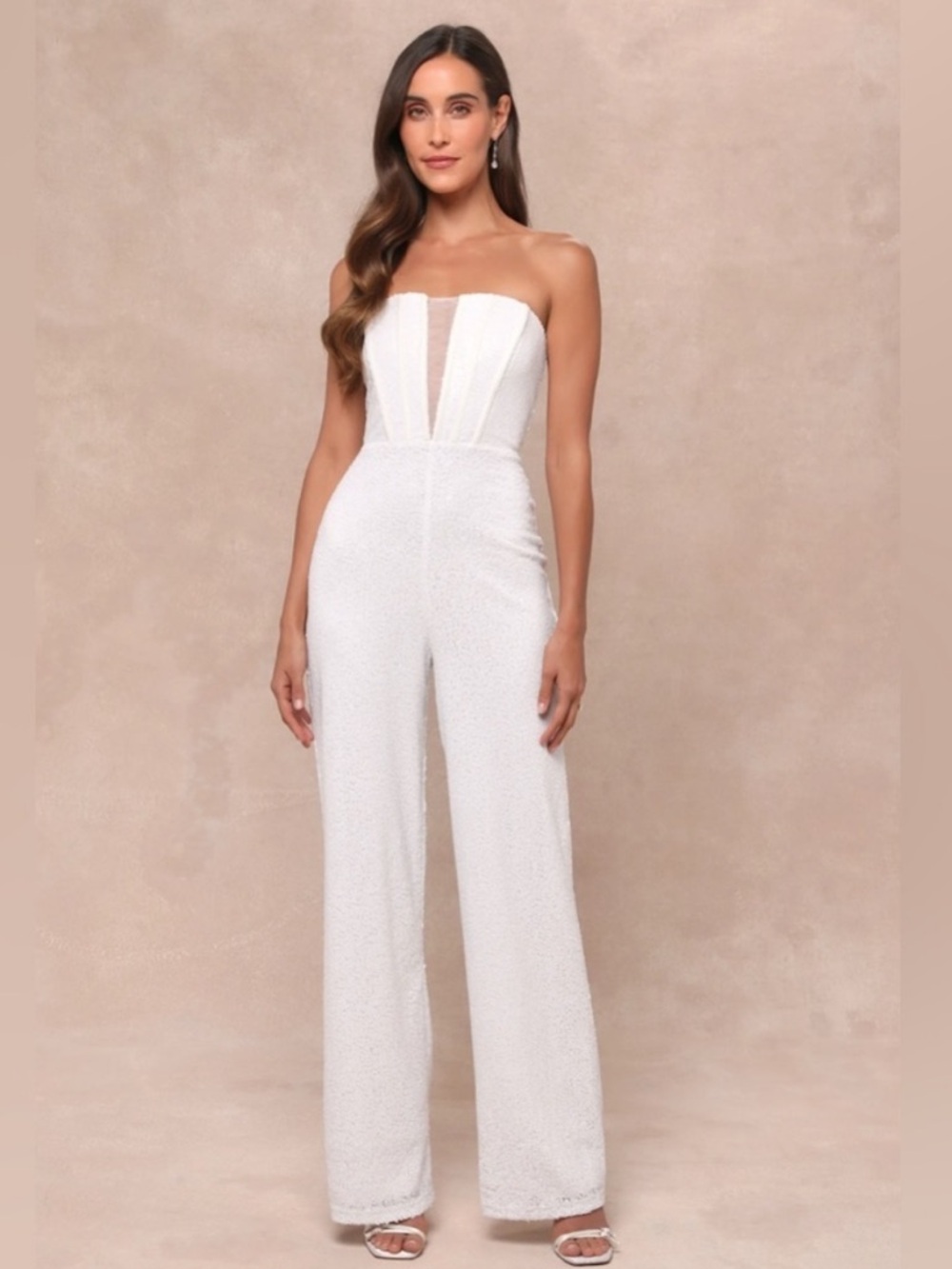 Lulus Glamorous Spirit White Sequin Strapless Bustier Jumpsuit